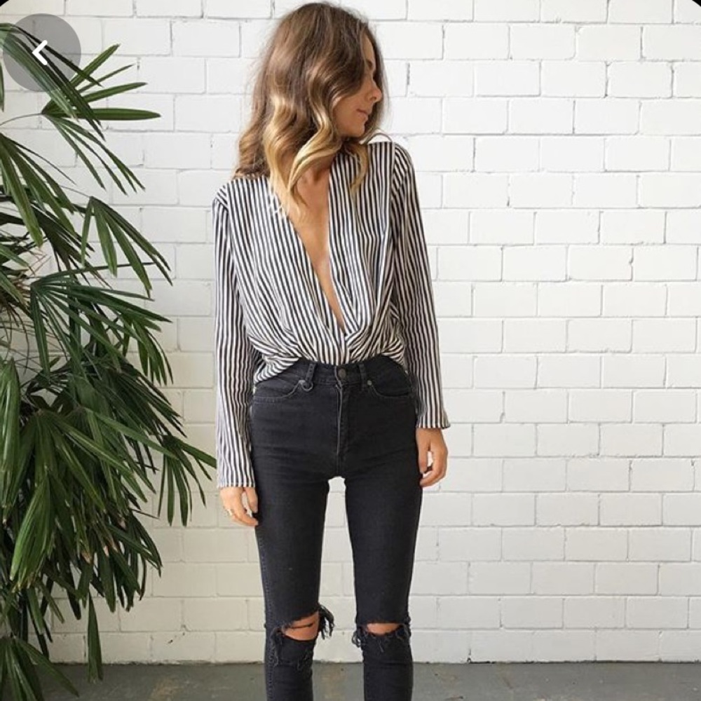 Black And White Striped Surplice Silk-like Top